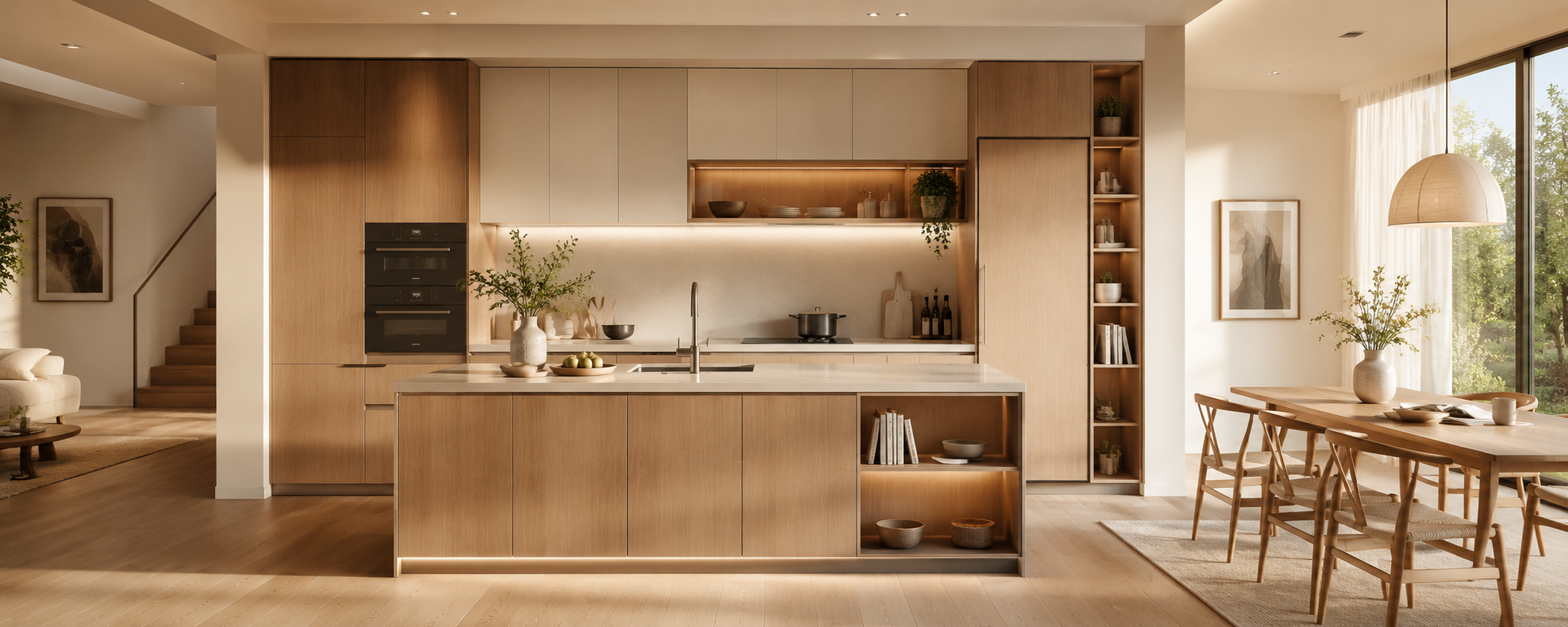 Open kitchen with refined cabinetry and island seating